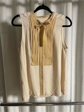J Crew Sleeveless Cream Tie-Neck Pleated Front Blouse
